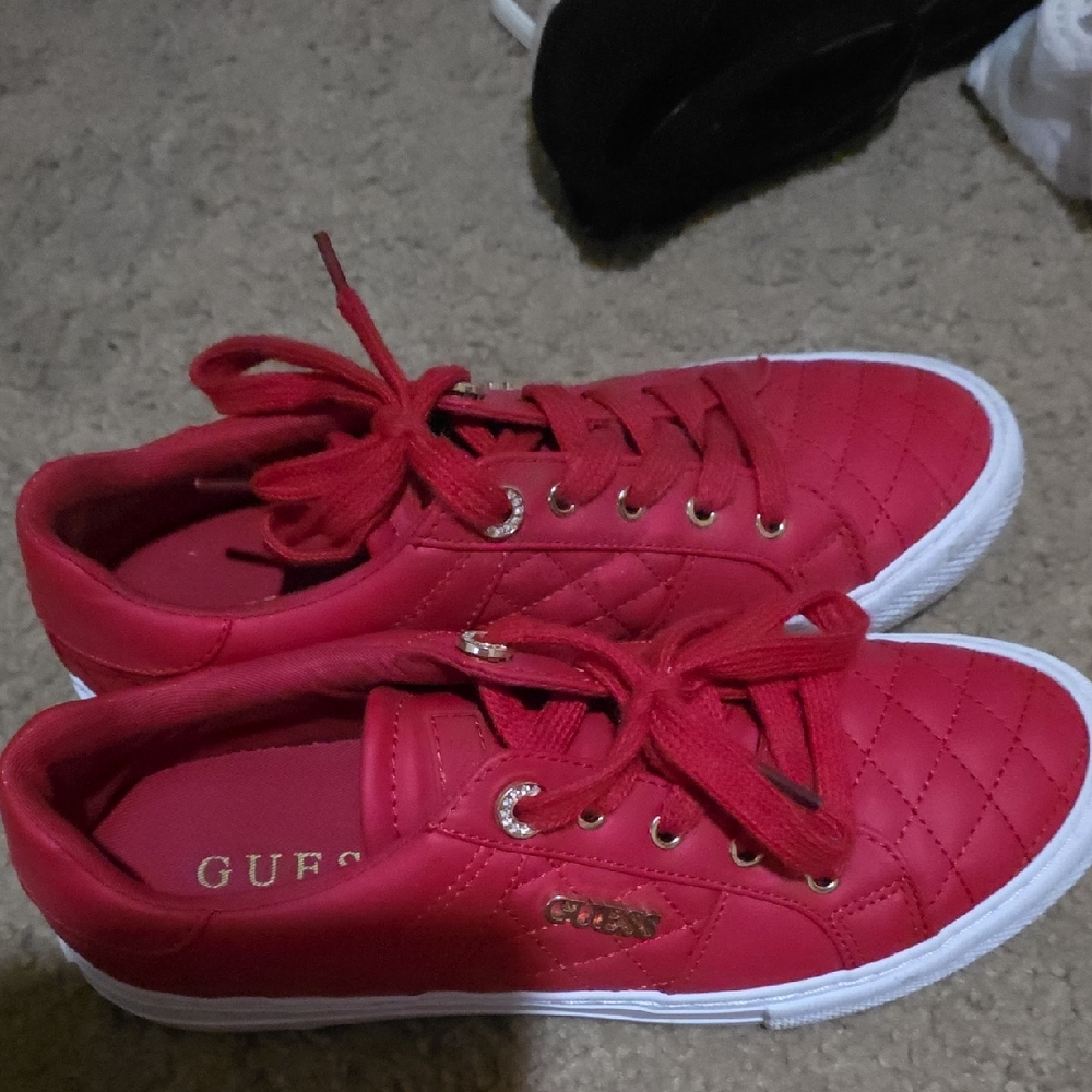 GUESS Red Quilted Low-Top Lace-Up Sneakers with Gold Accents